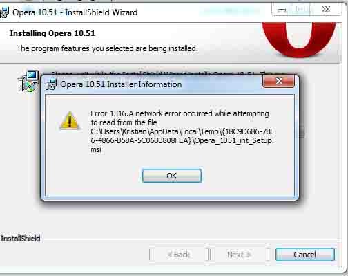 Can't install Opera 10.51, error 1316